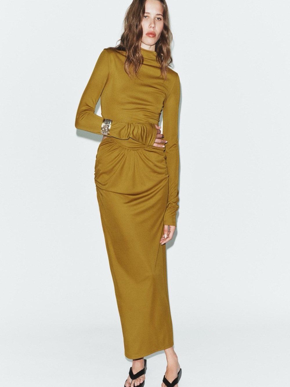 Zara Olive Long Ruched-Waist Maxi Dress